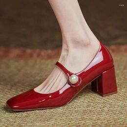 Dress Shoes 2024 Pearl Patent Leather Pumps High Heels Mary Janes Woman Spring Elegant Square Toe Women's Red Office Ladies