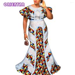 Ethnic Clothing Elegant Lady African Print Maxi Dresses Women Bazin Riche Lace O-neck Dashiki Traditional Dress Robe Africaine WY2586