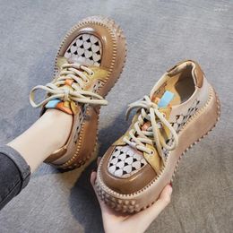 Casual Shoes Johnature 2024 Summer Genuine Leather Lace-up Flat Platform Women Retro Comfortable Hollow Out Breathable Sandals