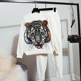 Women's Two Piece Pants Heavy Work Sequins Tiger Print Knitted Tracksuits Outfits Women Black White Pullover Sweater Pencil Set Female