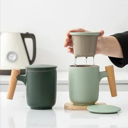 Mugs Tea Separation Mug Ceramic Frosted Cup Household Office Wooden Handle With Lid Filtration And Pottery Cups