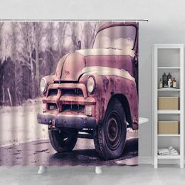 Shower Curtains Retro Red Truck Print Curtain Set Fabric Hook Oil Painting Landscape Abstract Tree Art Bathroom Polyester Cloth