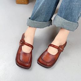 Casual Shoes Johnature 2024 Spring Solid Colour Genuine Leather Square Toe Flat Retro Versatile Cowhide Slip-on Women