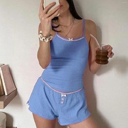 Home Clothing Women Y2k Vinatge 2 Piece Shorts Set 00s Rero Bow Sleeveless V Neck Cami Top With Pyjamas Sets Solid Colour Sleepwear