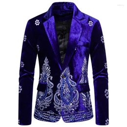 Men's Suits Luxury Blazer Costume Stage Jacket Suit Male Velvet One Button Gold Thread Embroidered Dress For Men