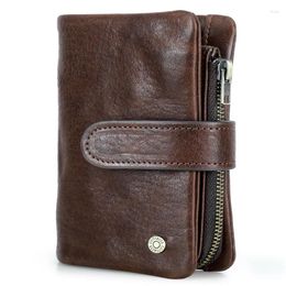 Wallets Anti-theft Brush Full Grain Buckle Leather Men's Wallet Detachable Zipper Coin Bag For Boys Storage Purse Coffee