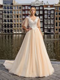 Dresses Half Sleeves Champagne ALine Wedding Dresses Sexy Backless Bridal Gowns Formal Long Tulle Wedding Wear For Women