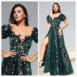 Dresses hunter green lace sexy evening dresses sheer neck velvet prom dresses vintage noble formal party bridesmaid pageant gowns