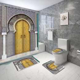 Shower Curtains Vintage Moroccan Curtain Arch Door Geometric Pattern Toilet Lid Anti-Slip Floor Mat Entrance Building Bathroom Decor