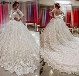 Gorgeous Dubai Saudi Arabia Ball Gown Wedding Dresses With Long Sleeves Sheer Neck Lace Appliqued Bridal Gowns Chapel Train Plus S7964969