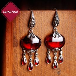 Earrings Highquality Bohemia 925 Sterling Silver Natural Stone Red Garnet Tassel Fashion Dangle Earrings Women Jewelry Gift