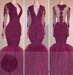 Sexy Rark Red Lace Prom Dresses Long Sleeves Mermaid 2K 17 African Formal Evening Gowns Illusion Black Girls Pageant Dress1378199
