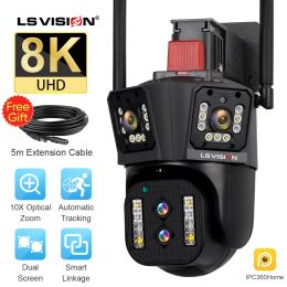 Cameras LS VISION 8K UHD WIFI IP Camera Outdoor 10X Optical Zoom Auto Tracking 6K PTZ Four Lens Three Screen Waterproof Security Camera