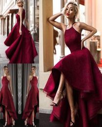 Stunning High Low Prom Dresses Long ALine Halter Neck Lace Formal Dress Burgundy Cheap Party Gown1419624