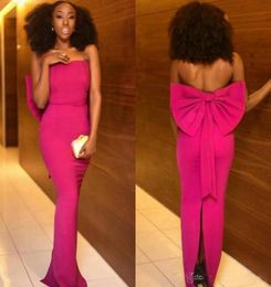 2018 Fushia Mermaid Evening Gowns Sexy Backless Strapless Prom Dresses With Big Bow Satin Back Split Evening Party Dress Cheap Ves8313621