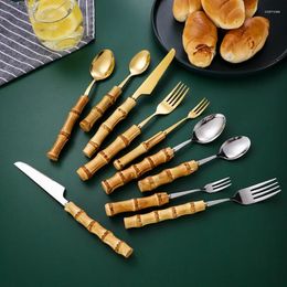 Tea Scoops 1PC Retro Metal Spoon Stainless Steel Bamboo Shape Handle Teaspoon Fork Food Salad &