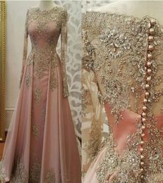 New Pink Evening Dresses For Women Wear Jewel Neck Long Sleeves Lace Appliques Crystal Bling Beaded Plus Size Prom Dresses HY1231908587