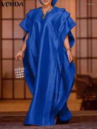 Party Dresses VONDA 2024 Summer Elegant Sundress Satin Maxi Dress Women Short Sleeve Ruffled Casual Loose Solid Color Robe Oversize