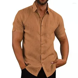 Men's Casual Shirts Male Lapel Solid Color Short Sleeved Button Up Spring Summer Linen Shirt Fashion Beach Men Clothing