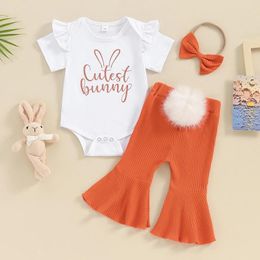 Clothing Sets Baby Girl My First Easter Outfits Letter Ears Print Short Sleeve Rompers Bobbles Flare Pants Headband 3Pcs Clothes Set