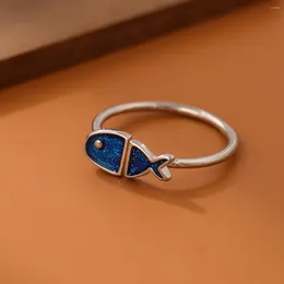 Cluster Rings Creative Fashion Female Silver Plated Jewellery Personality Blue Fish Cute Drop Gift Opening R197