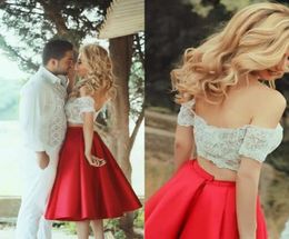 Two Pieces Arabic Prom Dresses Red Skirts With Lace Crop Top Off The Shoulder Summer Sexy Women Gowns Party Dresses1871969