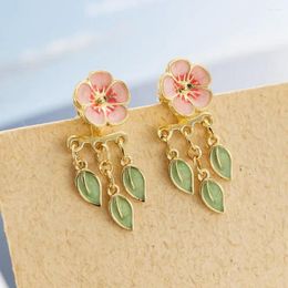 Stud Earrings Alloy Peach Blossom Pink Cute Bohemian With Leaf Flower Design Vintage Sweet Ear Hook Party