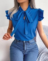 Women's T Shirts Top Women 2024 Summer Fashion Tie Neck Flying Sleeve Casual Plain Short Tied Detail Daily T-Shirt Y2K Clothes