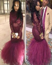 Plus Size Mermaid Prom Dresses High Neck Beaded Long Sleeves Lace Tulle Floor Length Burgundy Wine Red Graduation Party Dresses4481074