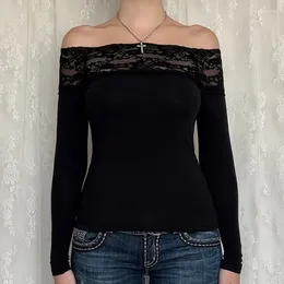 Women's Tanks Black Lace Stitched Slash Neck Crop Top Elegant Sexy Skinny Long Sleeve T Shirts For Women Harajuku Y2k Autumn Tees Basic