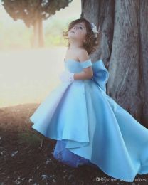 Dresses Baby Blue Girls Pageant Gowns Off The Shoulder Satin High Low Flower Girl Dresses For Wedding Big Bow Children Birthday Party Dres