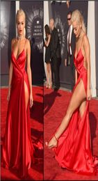 Backless High Thigh Split New Fashion Rita Ora Sexy Red Carpet Dresses 2019 Vneck Spaghetti Strap Celebrity Evening Dresses4284723