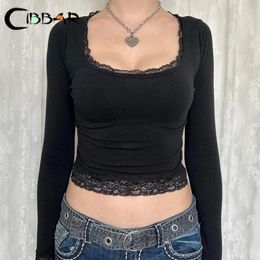 Women's T Shirts CIBBAR Vintage Lace Stitched Black Crop Top Women Basic Skinny Long Sleeve Solid Shirt 2024 Autumn Winter Casual Tee Y2k