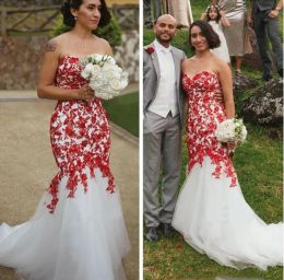 Dresses Vintage White and Red Mermaid Wedding Dresses Bridal Gowns 2021 Sweetheart Appliques Lace Back Laceup Corset Plus Size Bride Dres