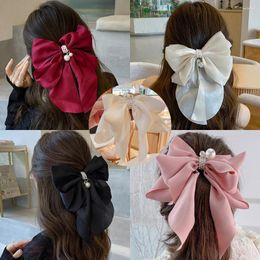 Hair Clips Large Korean Solid Color Satin Organza Fabric Bow Clip For Women Girl Chiffon Bowknot Ribbon Accessories