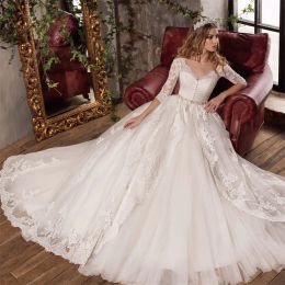 Dresses Lace 3/4 Sleeve Long Sleeves Buttons Front Wedding Dresses with Beading Sash Ball Gown Floor Length Applique Lace Bridal Gowns