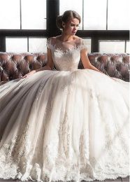 Dresses Lavish Bateau Neckline Short Sleeves Applique Lace Ball Gown Wedding Dresses vestido de festa curto Illusion Back Court Train Brid