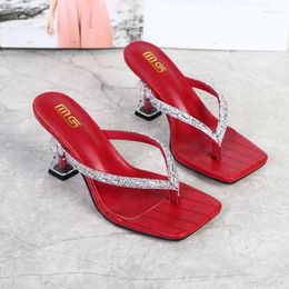 Slippers Fashion Flip Flops High Heels Rhinestone Women Sexy Clear Sandals 9cm Transparent Heel Size 42