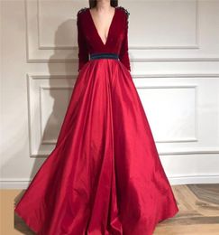 Burgundy Velvet Top Evening Dress Match Satin Skirt Sexy Deep VNeck Long Sleeves Party Dress 2018 Vestidos Sash Appliques Prom Dr4523687