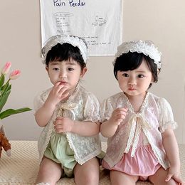 Clothing Sets 2024 Summer Baby Girl 2PCS Clothes Set Cotton Slip Triangle Romper Lace Short Sleeve Sunscreen Cardigan Suit Infant Outfits