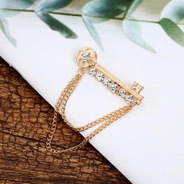Brooches Korean Rhinestone Key Rose Flower Brooch Crystal Tassel Chain Suit Coat Badge Lapel Pin For Men Women ClothingAccessory
