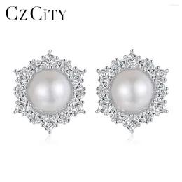 Stud Earrings CZCITY 925 Sterling Silver Snowflake Flower Shaped Earring Big White Freshwater Pearls Wedding Bridal Jewelry Christmas Gifts