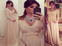2019 blush Chiffon A Line Evening Dresses With Long Sleeves New Elegant V Neck Maternity Pregnant Clothing Sash Bow Special Occasi7568167