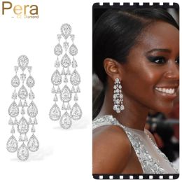 Earrings Pera Elegant Shiny White Cubic Zirconia Long Bridal Wedding Hanging Water Drop Dangle Earrings for Ladies Party Jewelry E665