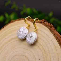 Dangle Earrings Natural White Baroque Coin Pearl 18k Ear Drop Hook Handmade Silver Office Wedding Unisex Women Anniversary Hoop