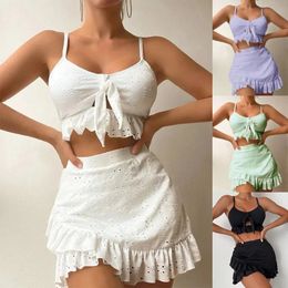 3 Pieces Bikinis Set Women Ruffles Wrap Hip Skirt Split Swimsuit Spring Summer Female High Waist Sexy Beachwear Bathers 240319