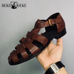 Sandals Size 45 46 Retro Rome Shoes Men Handmade Genuine Leather Cowhide Flat Sandals Luxury Breathable Summer Hollow Out Formal Shoes