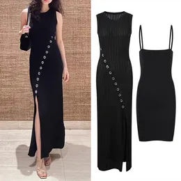 2024 Spring New San * dro Fashion Knitted Sleeveless High Waist Dress Black Circular Split Long Dress for Women