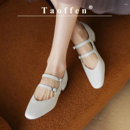 Dress Shoes Taoffen Casual Women's Pumps Genuine Leather Buckle Round Toe Mary Janes Mixed Colors Comfortable Thick Heel Office