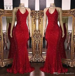 New Sparkly Red Sequins Prom Dresses Halter Mermaid Long Prom Gowns Low Back Arabic Party Dress BC10858109752